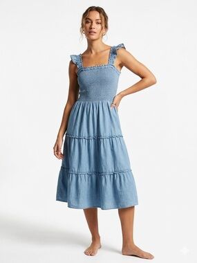 J.Crew Smocked Chambray Tiered Mini Dress Ruffle Strap Light Wash Blue XS